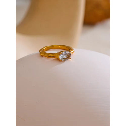 Bamboo Band Oval CZ Solitaire Ring