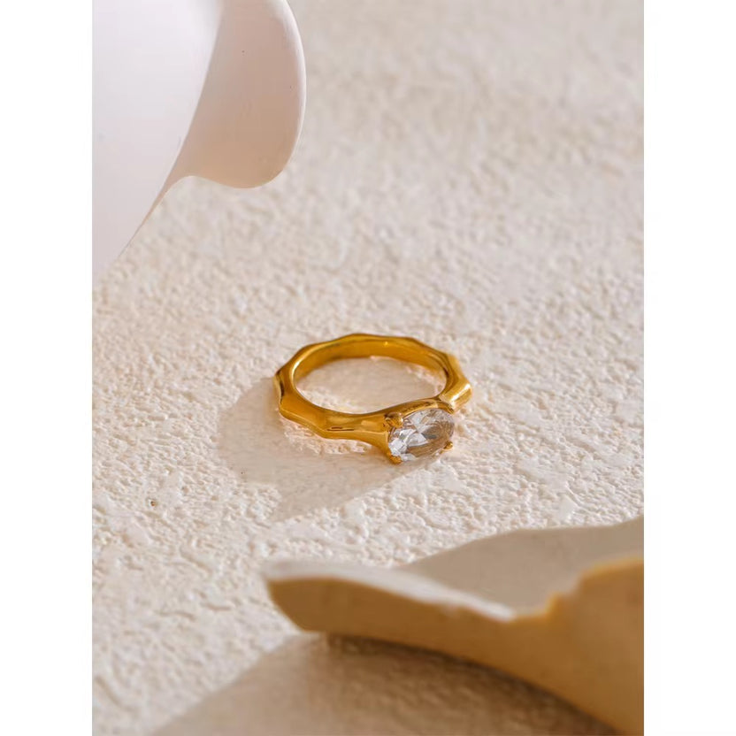 Bamboo Band Oval CZ Solitaire Ring