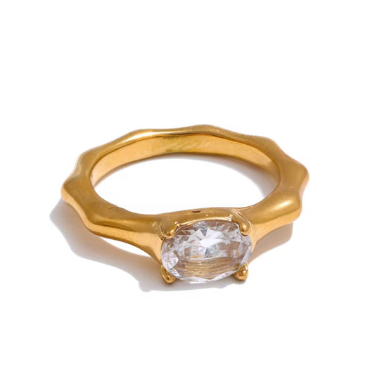 Bamboo Band Oval CZ Solitaire Ring