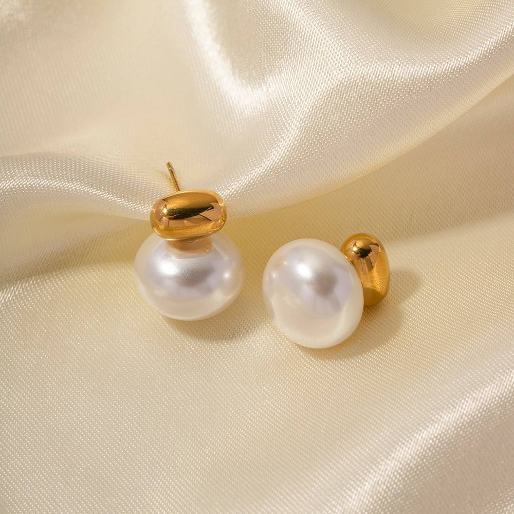 Gold Bead Big Pearl Stud Earrings
