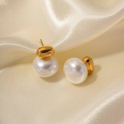 Gold Bead Big Pearl Stud Earrings