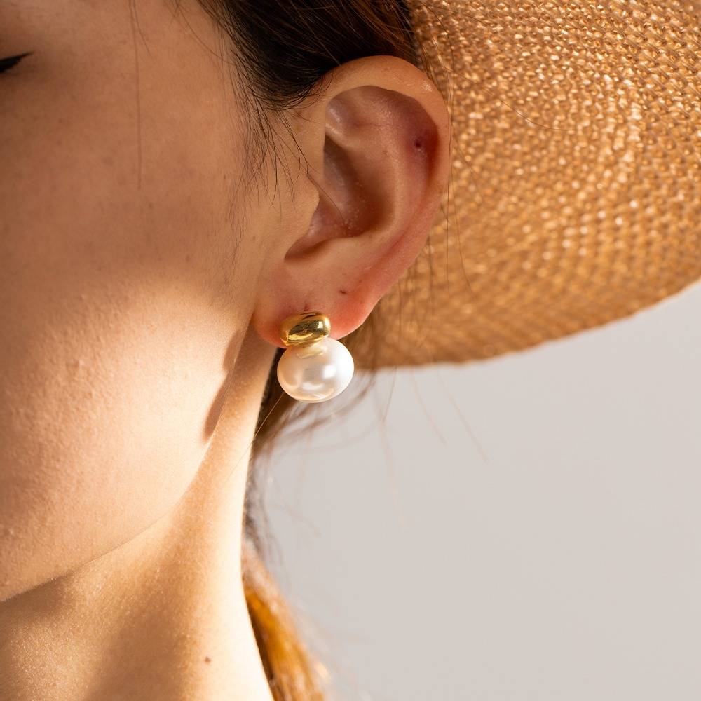 Gold Bead Big Pearl Stud Earrings