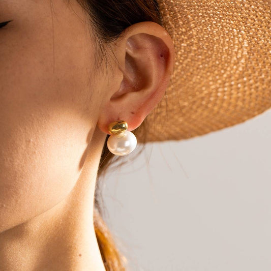Gold Bead Big Pearl Stud Earrings