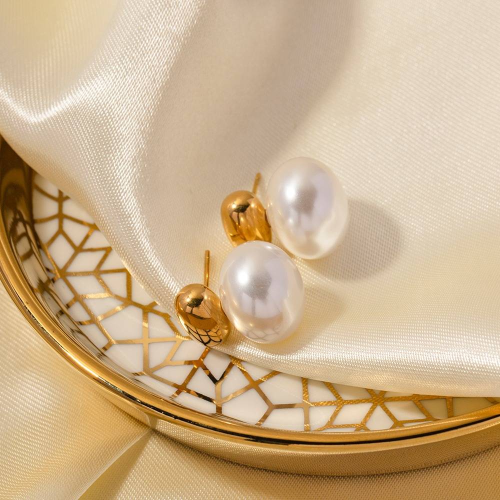 Gold Bead Big Pearl Stud Earrings