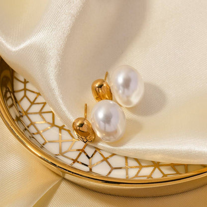 Gold Bead Big Pearl Stud Earrings