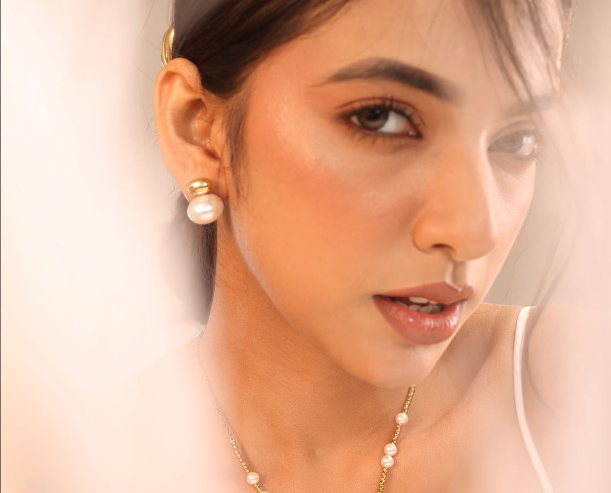 Gold Bead Big Pearl Stud Earrings