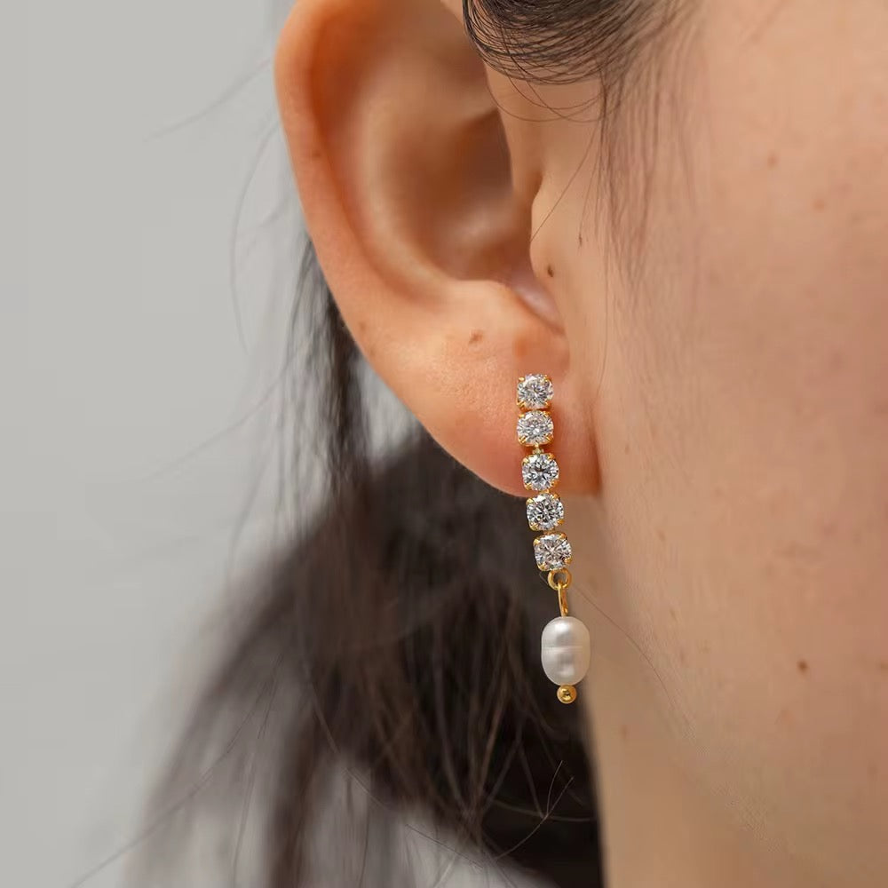 CZ Tennis Pearl Drop Earrings