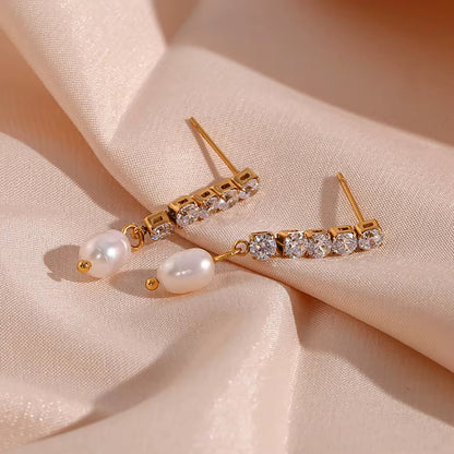 CZ Tennis Pearl Drop Earrings