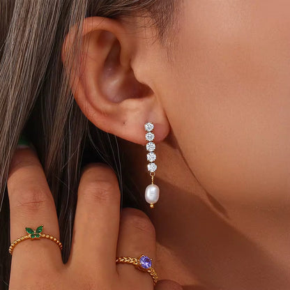 CZ Tennis Pearl Drop Earrings