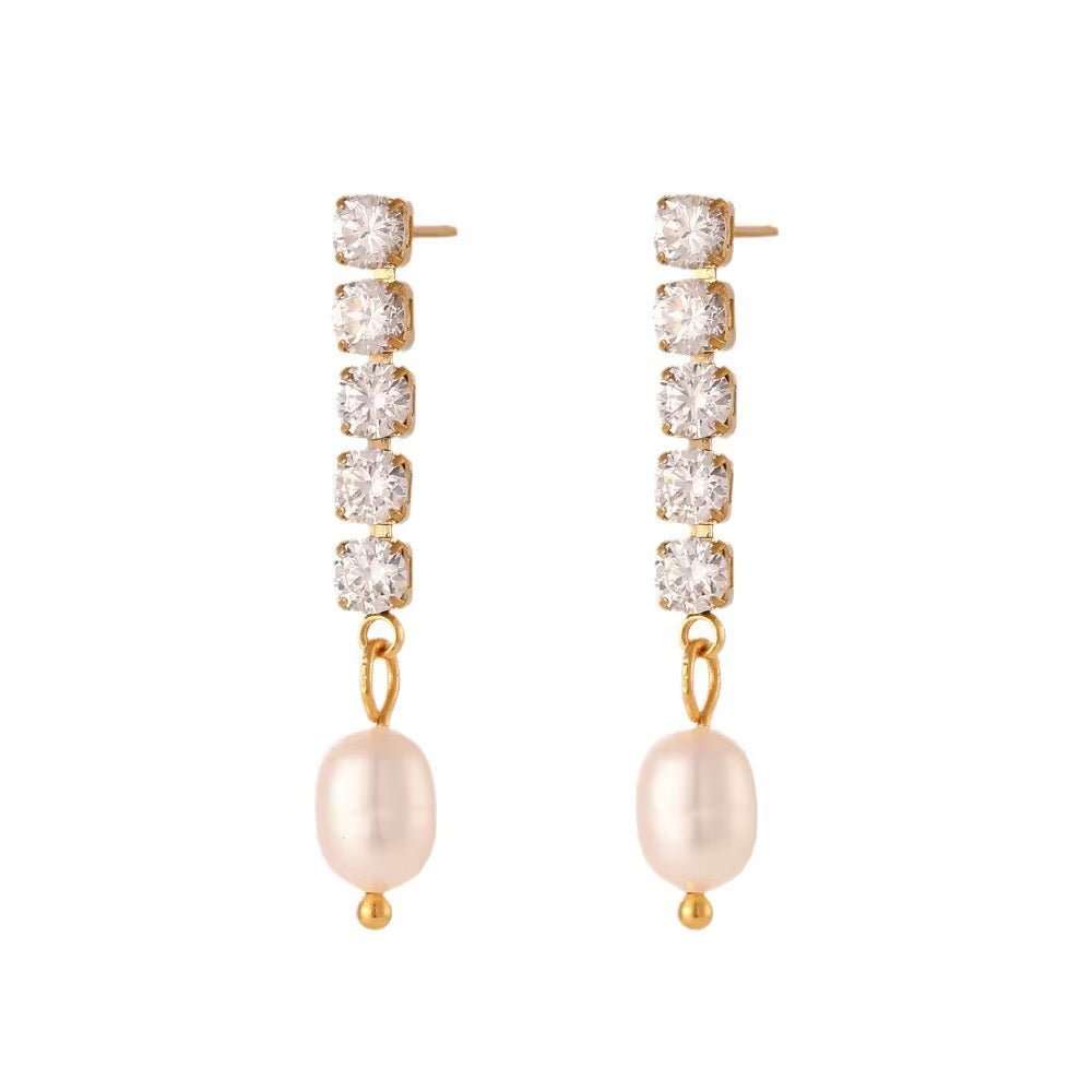 CZ Tennis Pearl Drop Earrings
