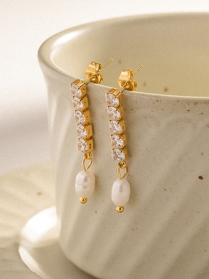 CZ Tennis Pearl Drop Earrings