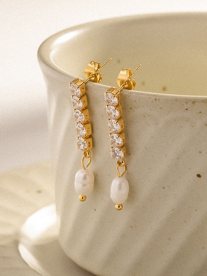 CZ Tennis Pearl Drop Earrings