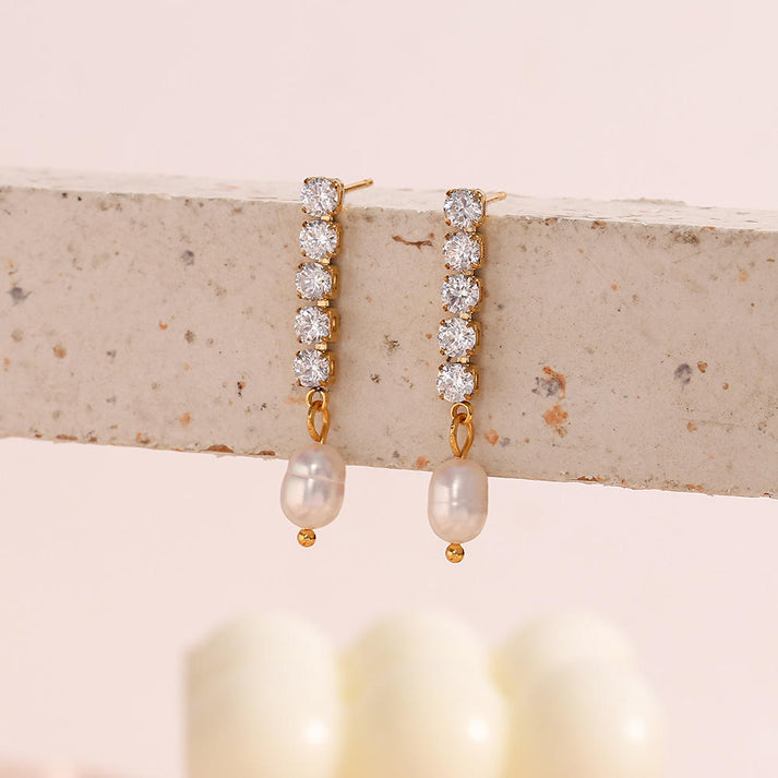 CZ Tennis Pearl Drop Earrings