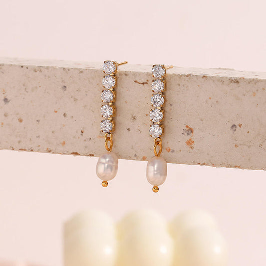 CZ Tennis Pearl Drop Earrings