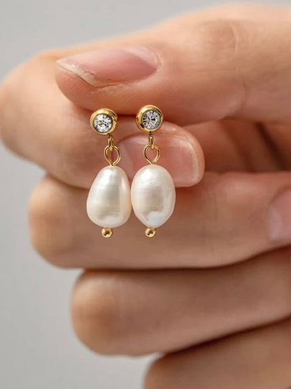CZ Bezel Fresh Water Pearl Drop Earrings
