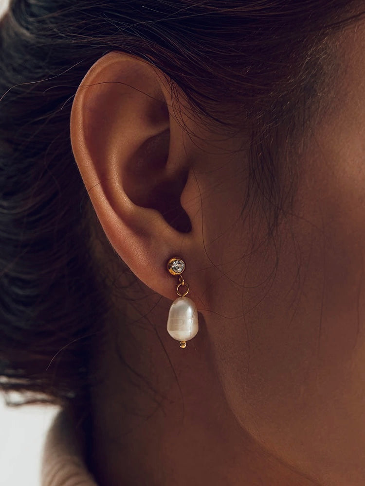 CZ Bezel Fresh Water Pearl Drop Earrings