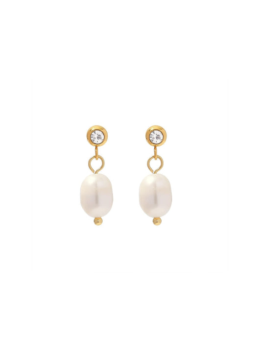 CZ Bezel Fresh Water Pearl Drop Earrings