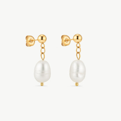 Gold Ball Fresh Water Pearl Drop Earrings
