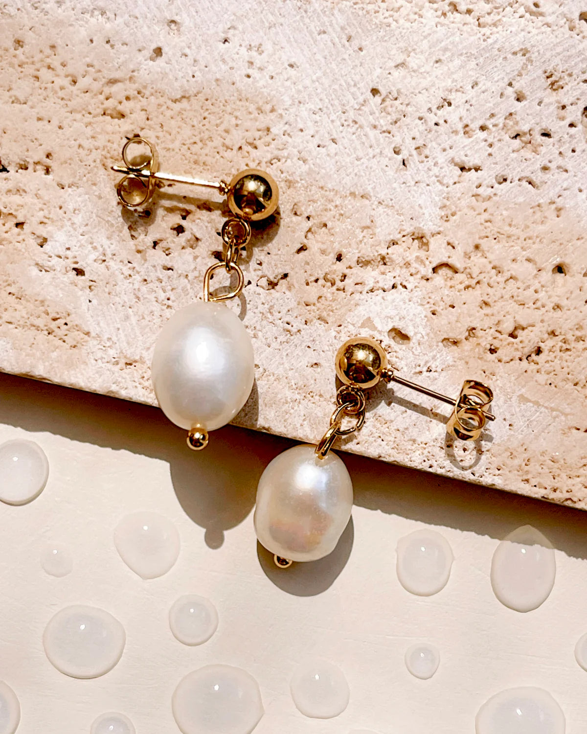 Gold Ball Fresh Water Pearl Drop Earrings
