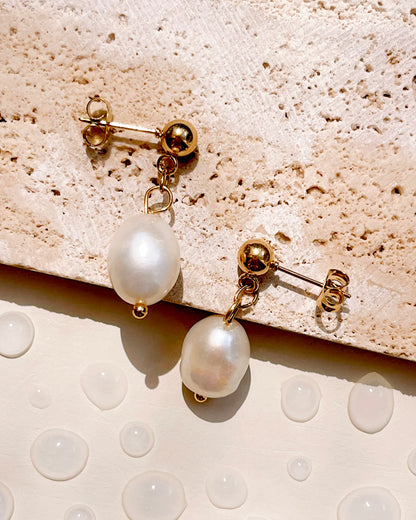 Gold Ball Fresh Water Pearl Drop Earrings