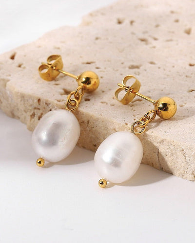 Gold Ball Fresh Water Pearl Drop Earrings