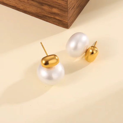 Gold Bead Big Pearl Stud Earrings