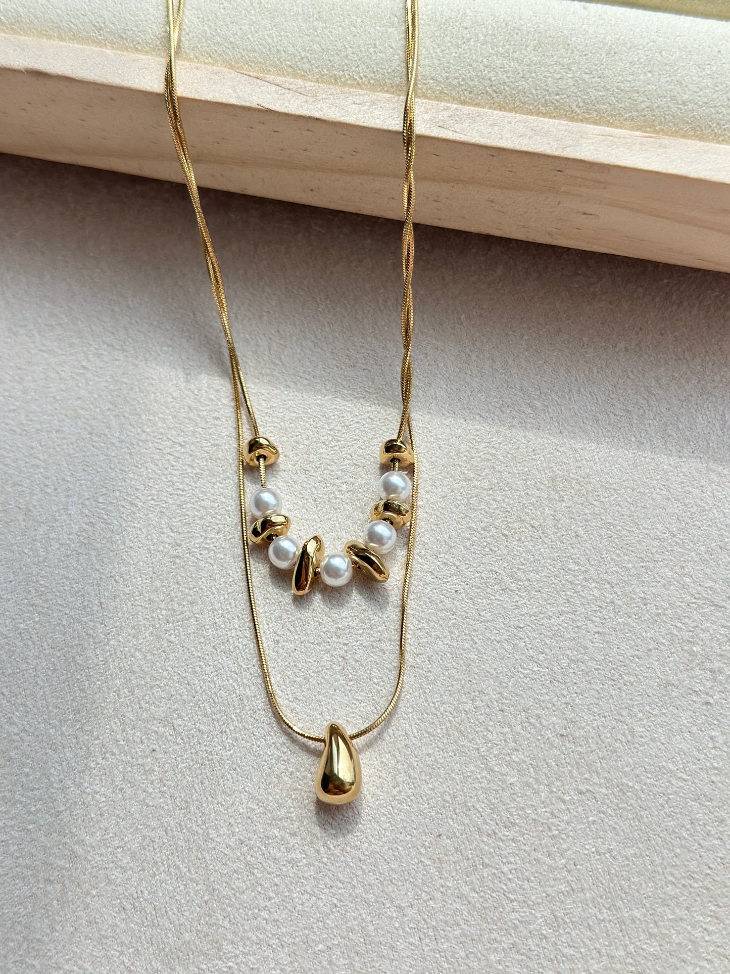 Pearl and Gold Bead Double Layer Necklace