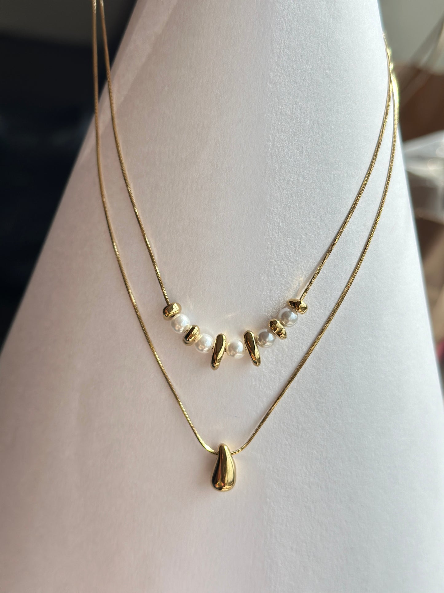 Pearl and Gold Bead Double Layer Necklace