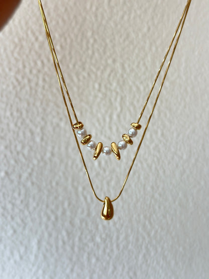Pearl and Gold Bead Double Layer Necklace