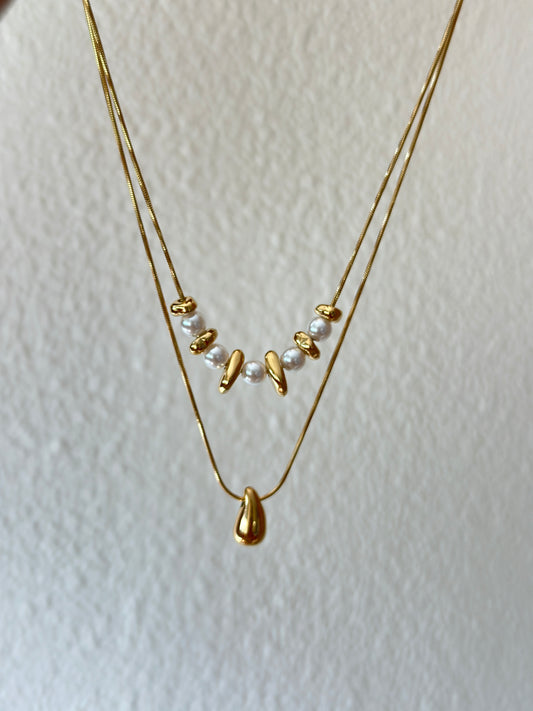 Pearl and Gold Bead Double Layer Necklace