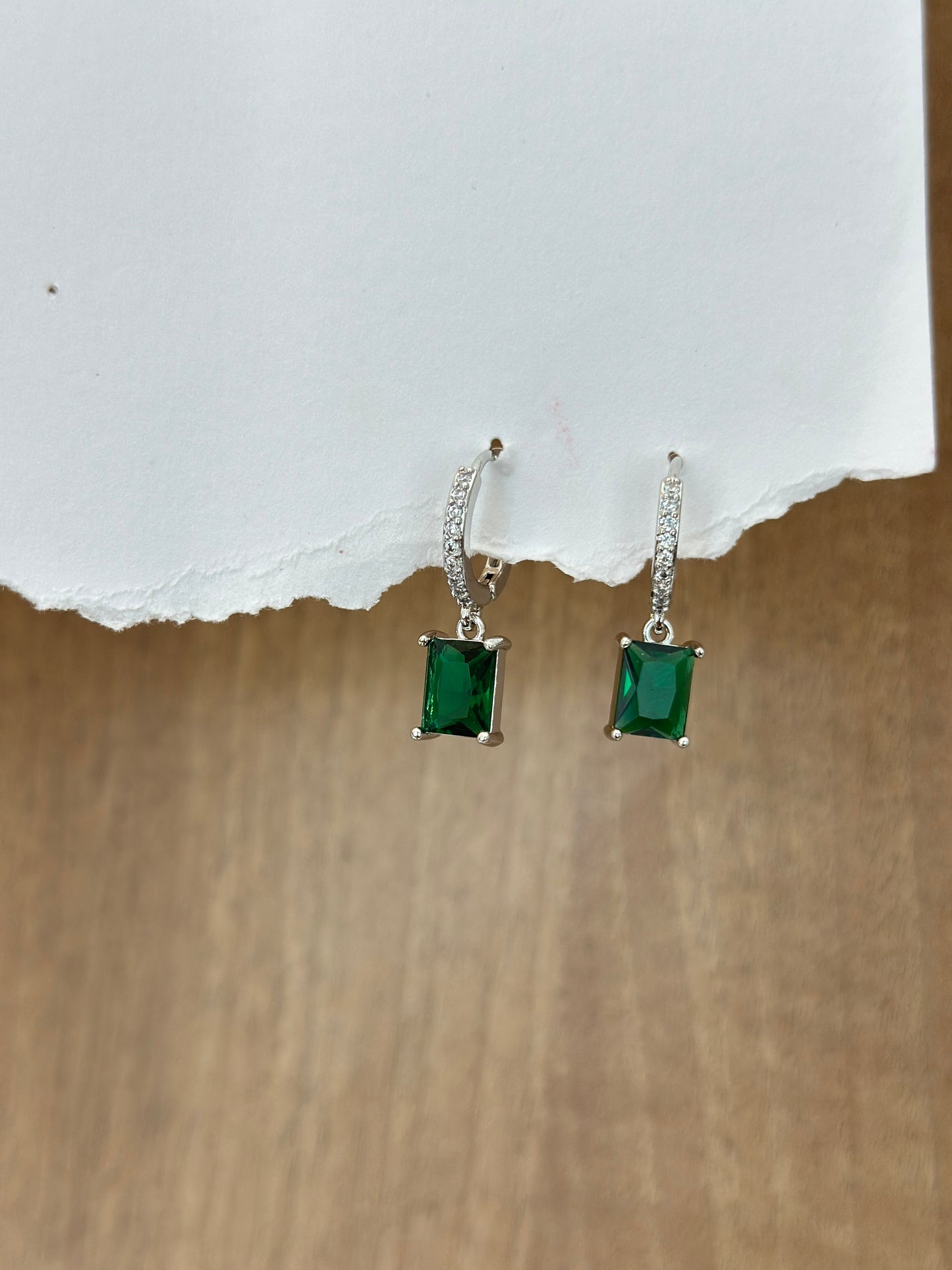 Emerald Green Baguette Hoop Drop Earrings