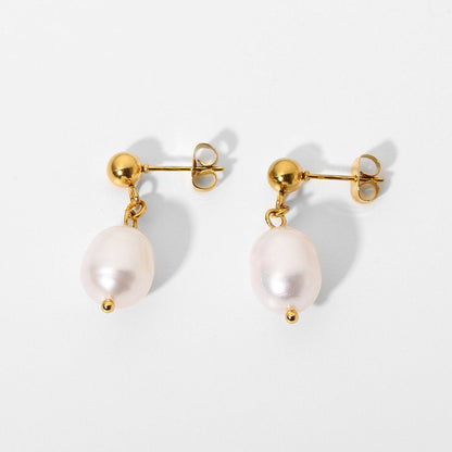 Gold Ball Fresh Water Pearl Drop Earrings