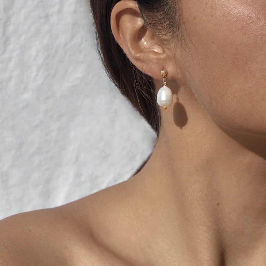 Gold Ball Fresh Water Pearl Drop Earrings