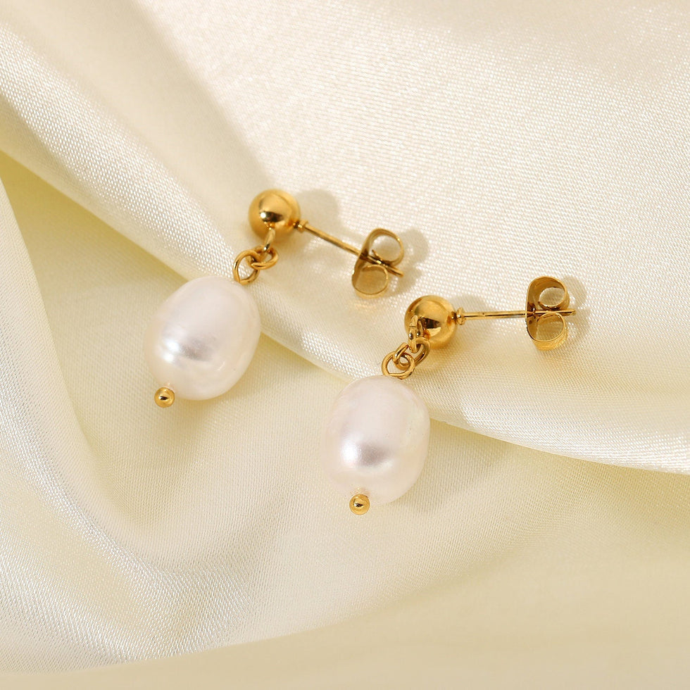 Gold Ball Fresh Water Pearl Drop Earrings