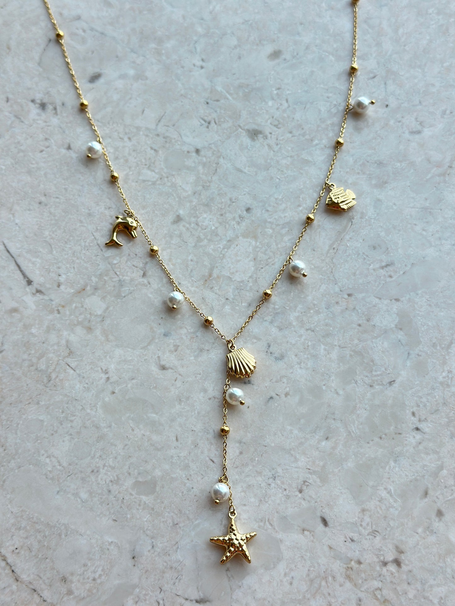 Ocean Charm Pearl Lariat Necklace