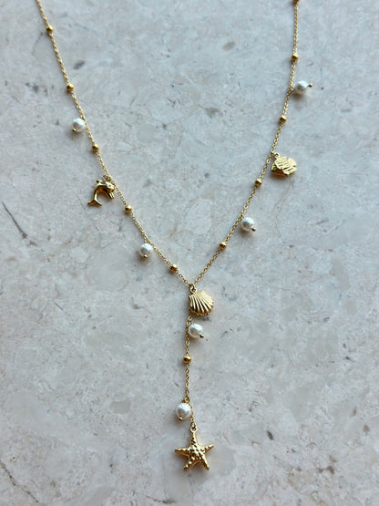 Ocean Charm Pearl Lariat Necklace