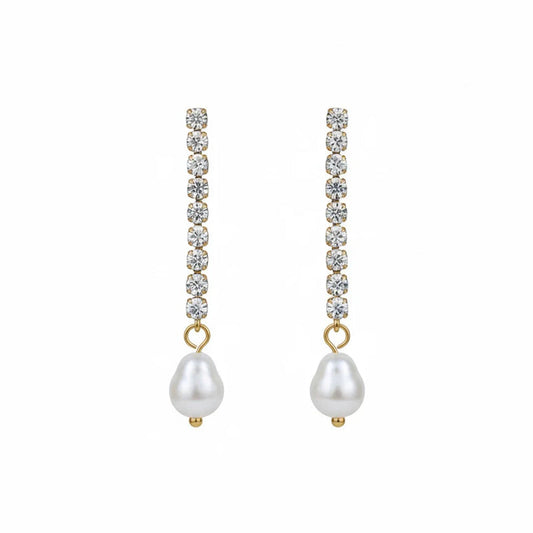 Long CZ Bar & Pearl Drop Earrings
