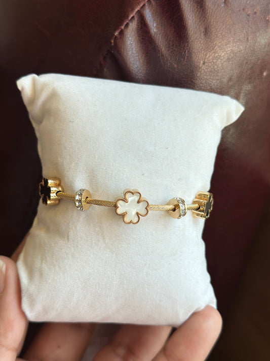 MOP Clover &  Imported Stone Twisted Wire Bangle