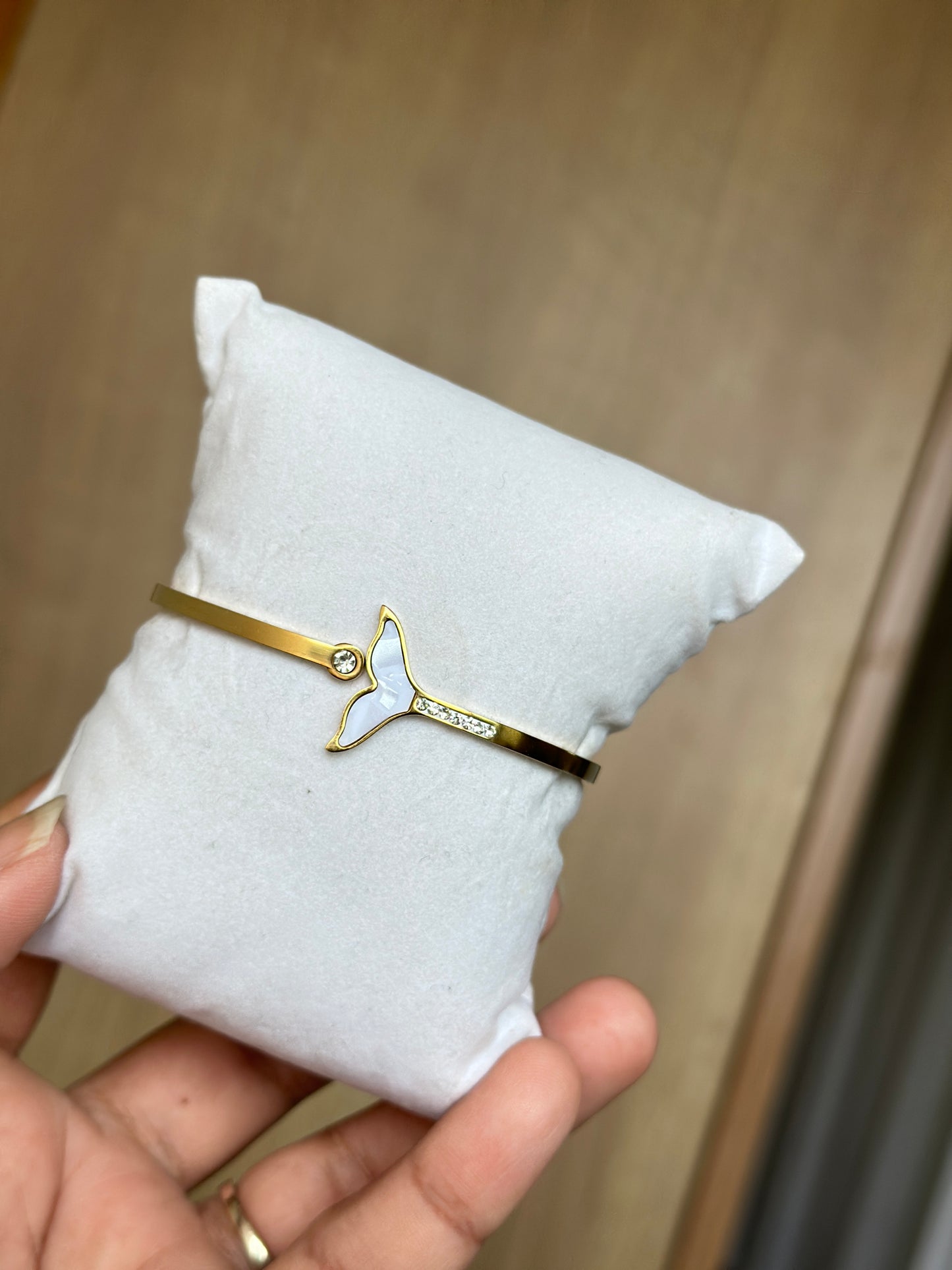 MOP Whale Tail Imported Stone Gold Cuff Bangle
