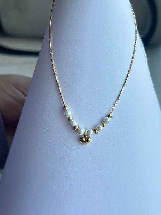 Pearl & Gold Bead Heart Charm Snake Chain Necklace