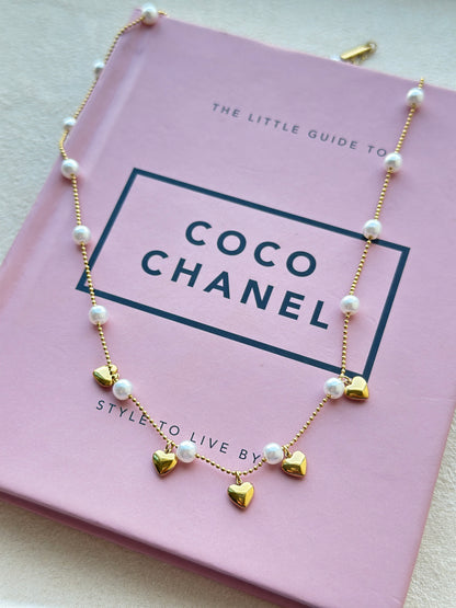 Pearl & Puffy Heart Charm Ball Chain Necklace