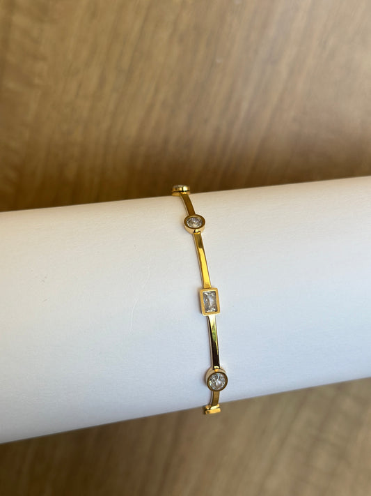 Round & Baguette Imported Stones Gold Bangle