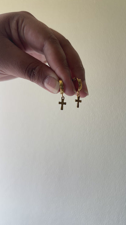 Gold Huggie Hoop & Cross Charm Drop Earrings